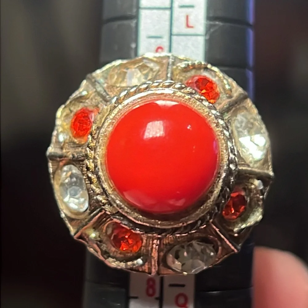 Vintage Chunky Faux Coral Cabochon Rhinestone Gem Domed Cocktail Ring